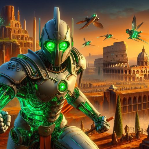 A robot with green eyes and a sword in front of a city

Description automatically generated