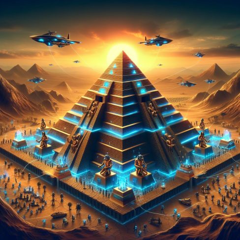 A pyramid with people flying in the sky

Description automatically generated