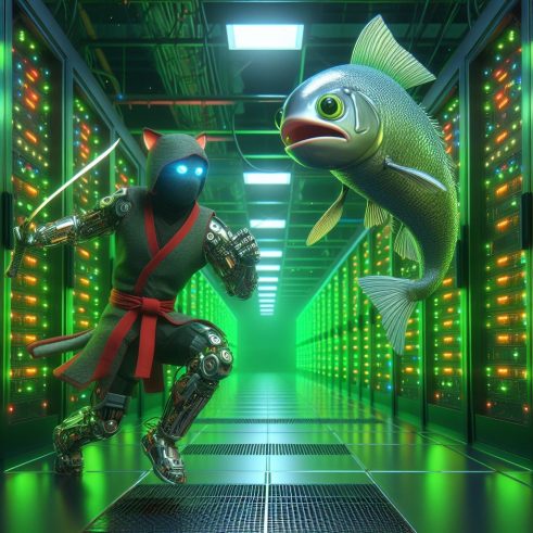 A person in a garment running in a server room with a fish

Description automatically generated