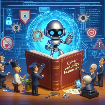 A cartoon of a robot surrounded by small people around a book

Description automatically generated