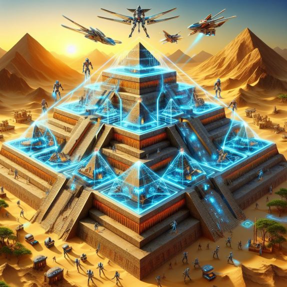 A pyramid with blue lights and several people flying over it

Description automatically generated with medium confidence